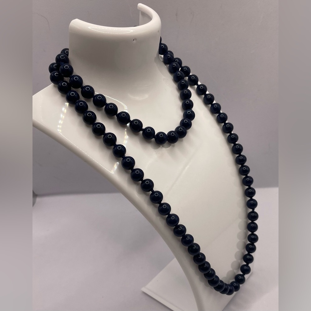 Vintage Signed Monet Necklace with Glass Navy Blue Knotted Beads